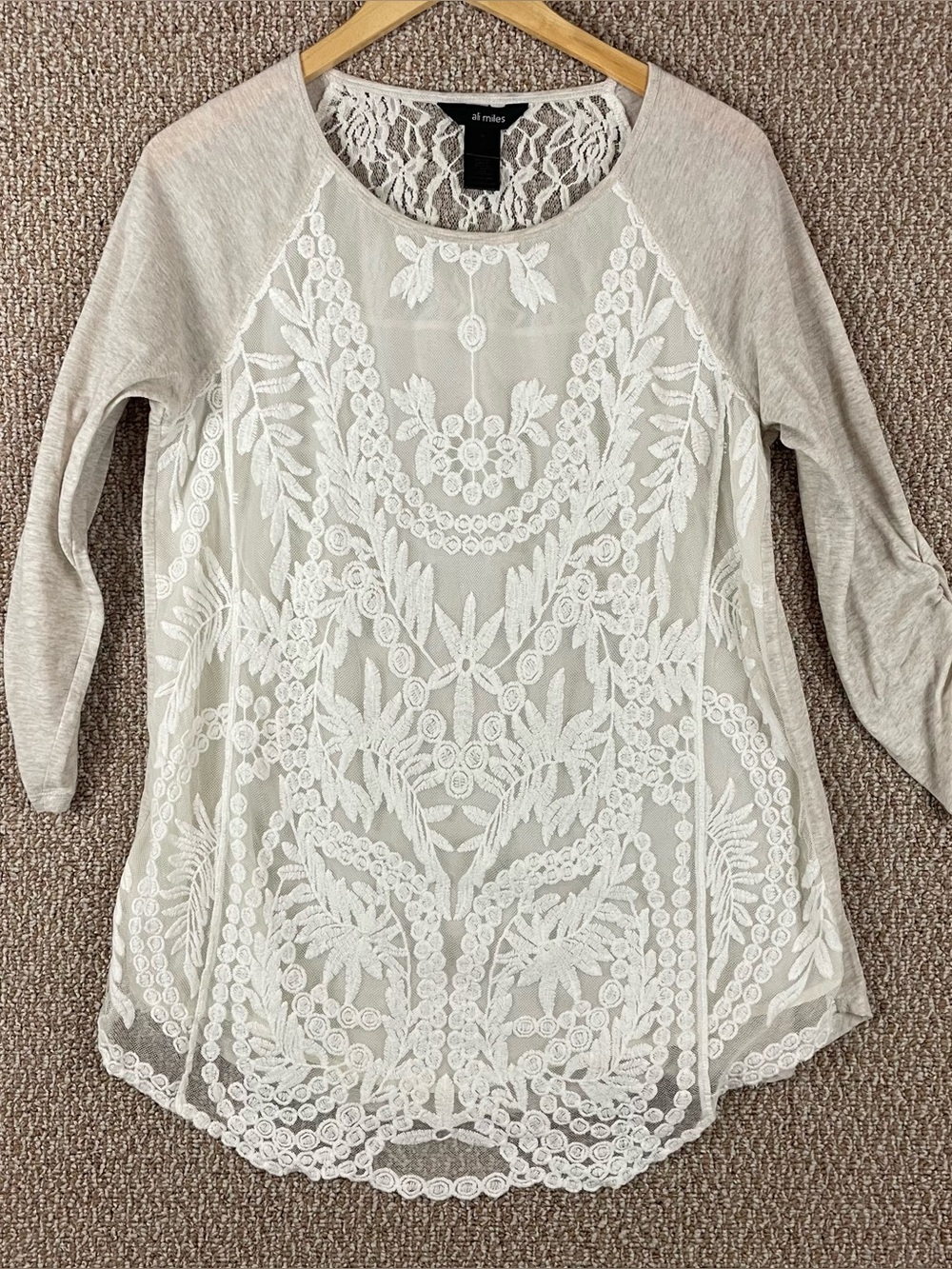 Ali Miles Womens Medoum Off White 3/4 Ruched Sleeve Embroidered Cottagecore D99
